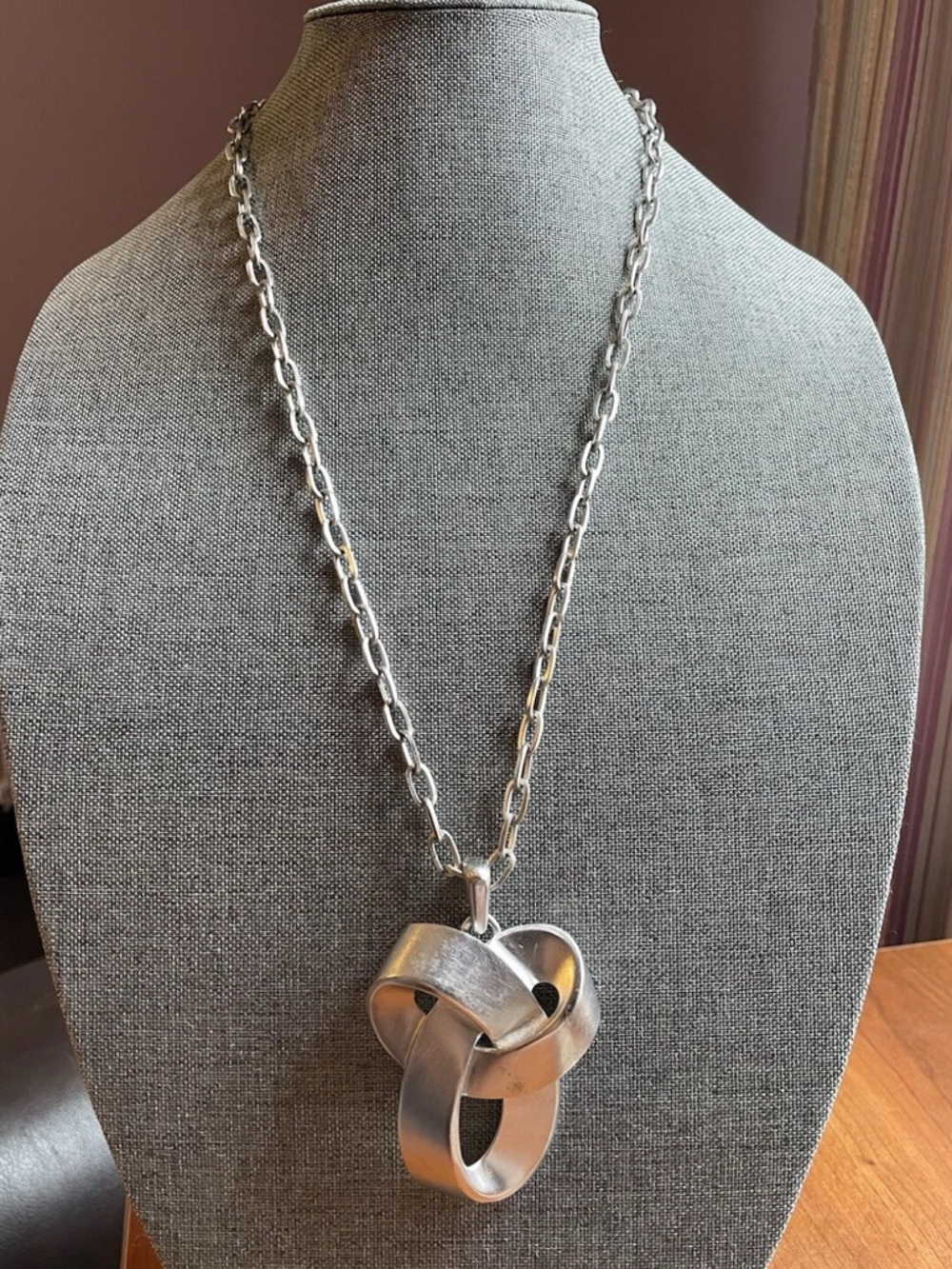 Vintage Trifari Modernist Love Knot Statement Pendant Necklace Silver MCM